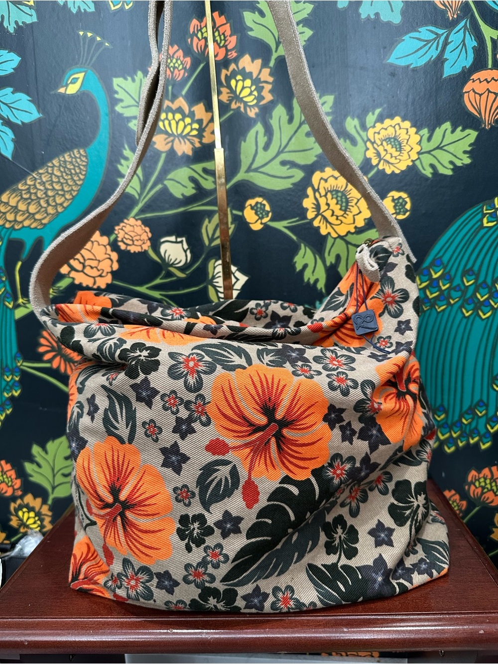 Dolce & Gabbana Floral Canvas Hobo Shoulder Bag Orange Hibiscus Print Italy - Picture 3 of 16